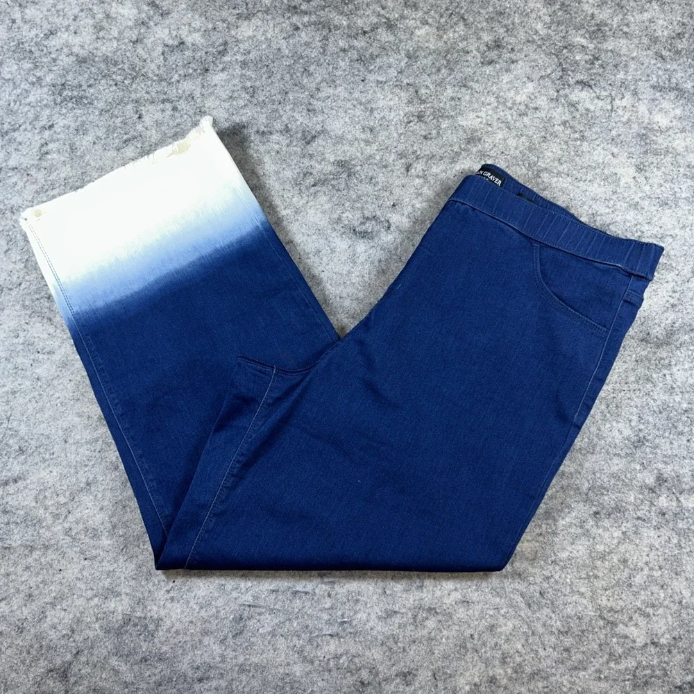 Susan Graver Wide-Leg Jeans‎ Women's 18W Blue Dip-Dye Soft Stretch Pull-On Artsy